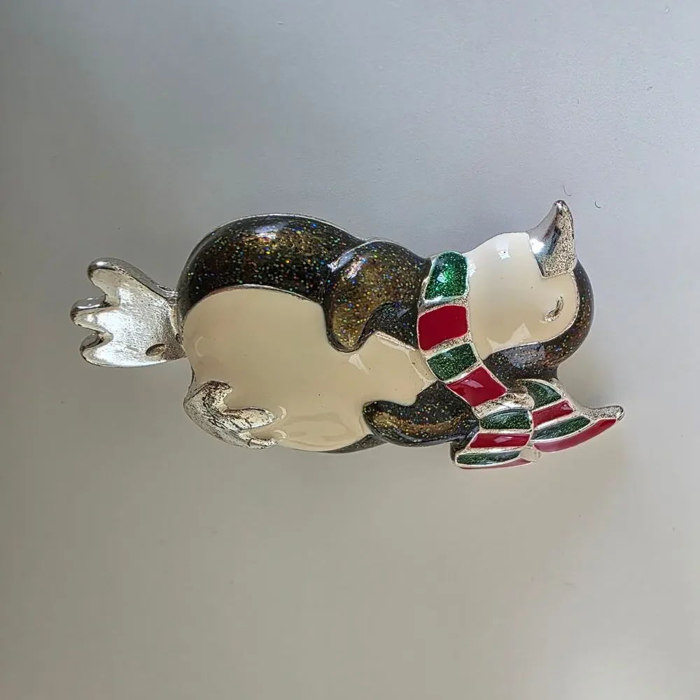 Vintage Enamel Penguin Brooch Winter Scarf Silver Tone Pin Holiday Jewelry